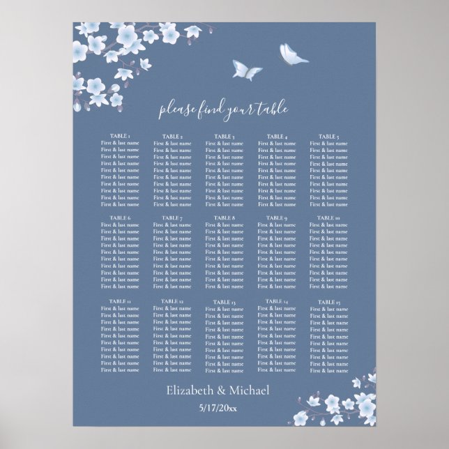 Dusty Blue Cherry Blossom | Wedding Seating Chart (Front)