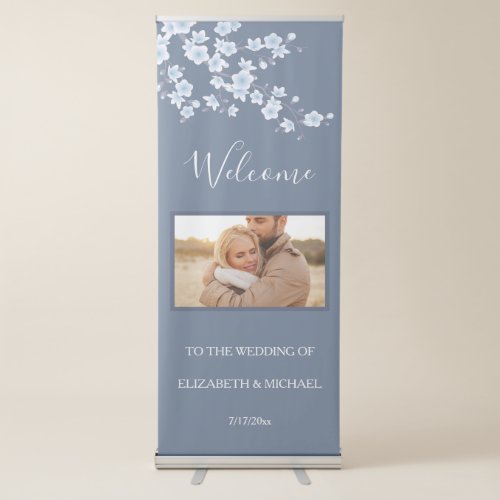 Dusty Blue Cherry Blossom  Wedding Welcome Photo Retractable Banner