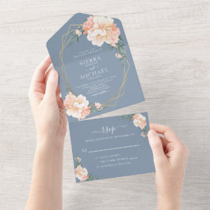Dusty Blue Chic Blush Gold Peach Floral Wedding All In One Invitation