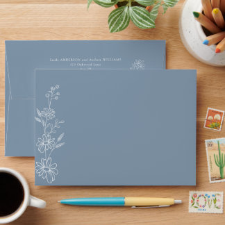 Dusty Blue Chic Botanical Daisy Garden Wedding Envelope