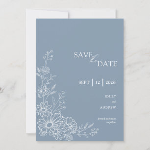 Dusty Blue Chic Botanical Daisy Garden Wedding Save The Date