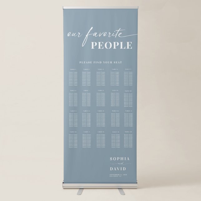 Dusty Blue Chic Calligraphy Wedding Seating Chart Retractable Banner (Front)
