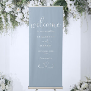 Dusty Blue Chic Heart Script Wedding Welcome Retractable Banner