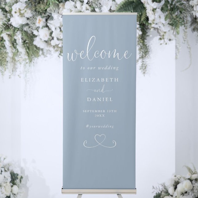 Dusty Blue Chic Heart Script Wedding Welcome Retractable Banner (Dusty Blue Chic Heart Script Wedding Welcome Retractable Banner)