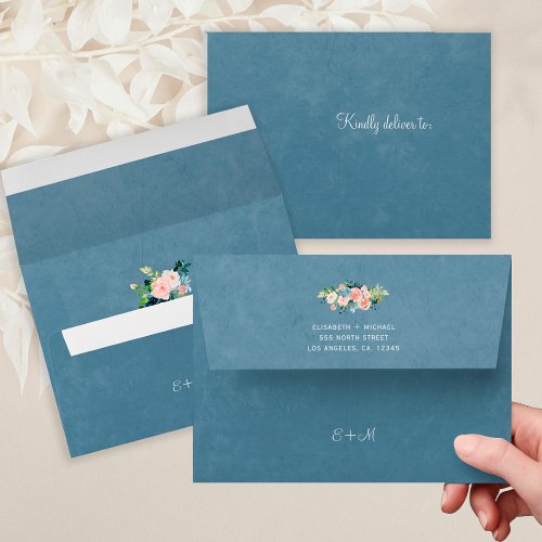 Dusty blue chic monogrammed floral peach wedding envelope