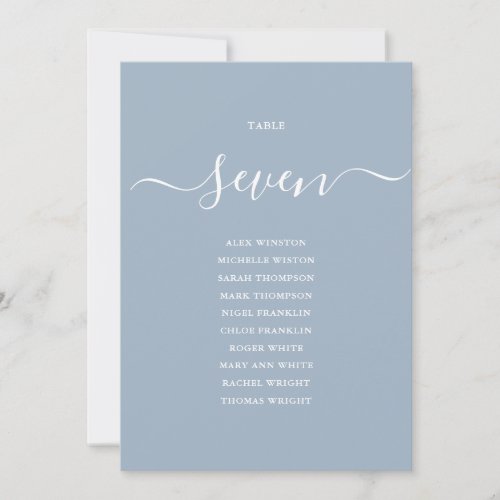 Dusty Blue Chic Script Table Number Seating Chart - These elegant dusty blue signature script double-sided table number 7 seating chart cards are perfect for all celebrations. Designed by Thisisnotme©
