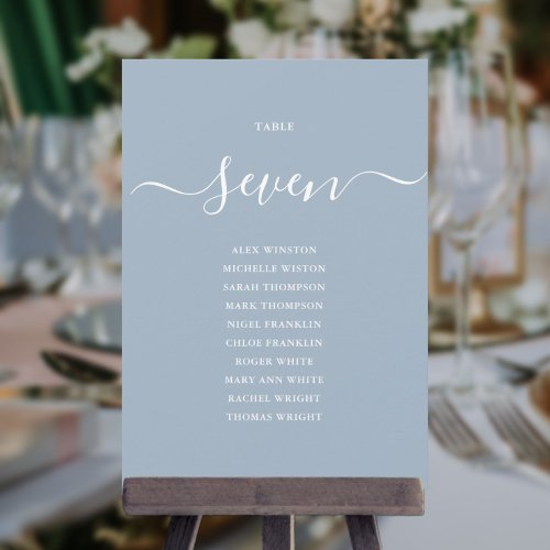 Dusty Blue Chic Script Table Number Seating Chart