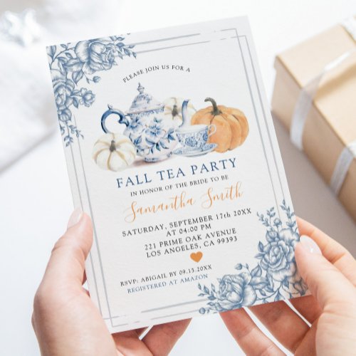 Dusty Blue Chinoiserie Autumn Pumpkin Tea Party Invitation