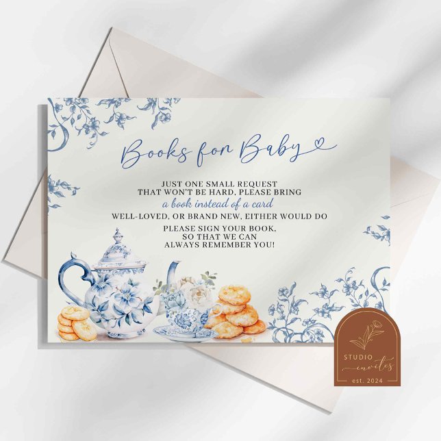 Dusty Blue Chinoiserie Baby Shower Books For Baby Enclosure Card (Creator Uploaded)