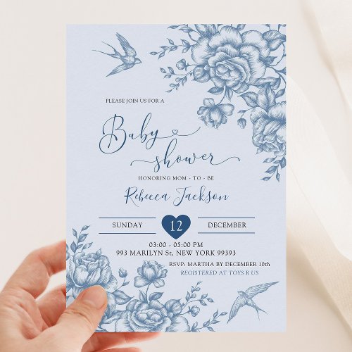Dusty Blue Chinoiserie Baby Shower Invitation