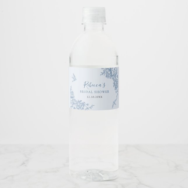 Dusty Blue Chinoiserie Baby Shower Water Label (Front)