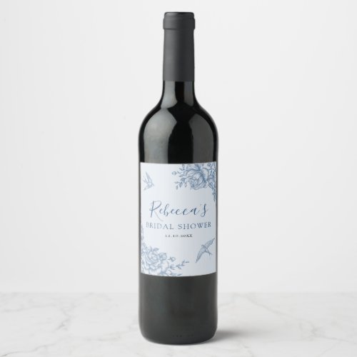 Dusty Blue Chinoiserie Baby Shower Wine Label