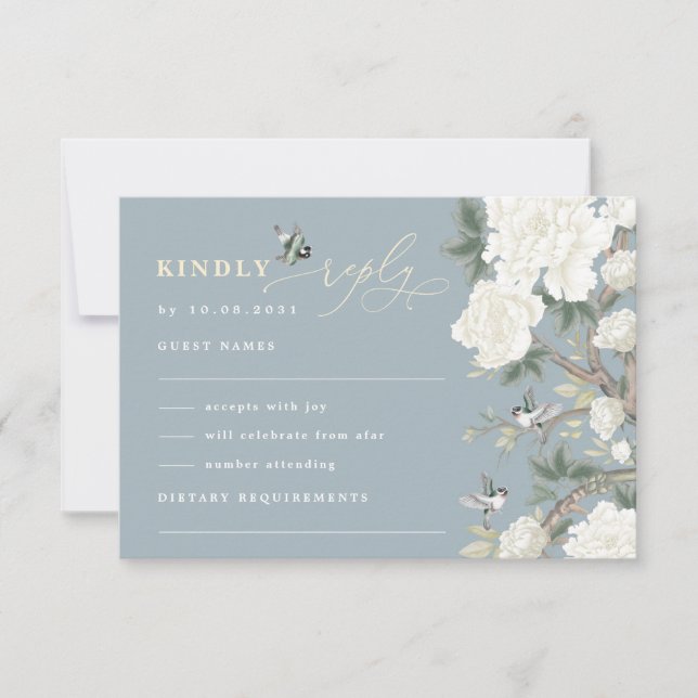 Dusty Blue Chinoiserie Bird Peony Wedding RSVP Card (Front)