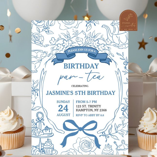 Dusty Blue Chinoiserie Birthday Par-Tea Invitation (Creator Uploaded)