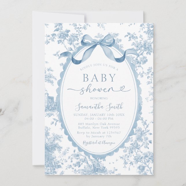 Dusty Blue Chinoiserie Bow Toile Girl Baby Shower Invitation (Front)