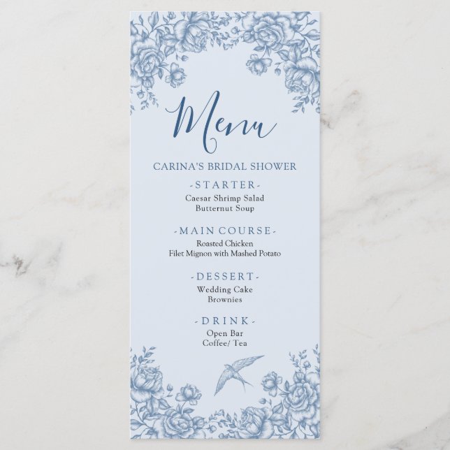 Dusty Blue Chinoiserie Bridal Shower Menu (Front)