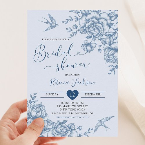 Dusty Blue Chinoiserie Bridal Vintage Floral Invitation