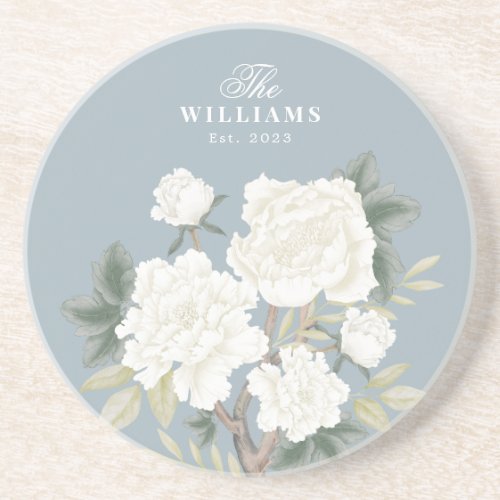 Dusty Blue Chinoiserie Floral Family Monogram Coaster