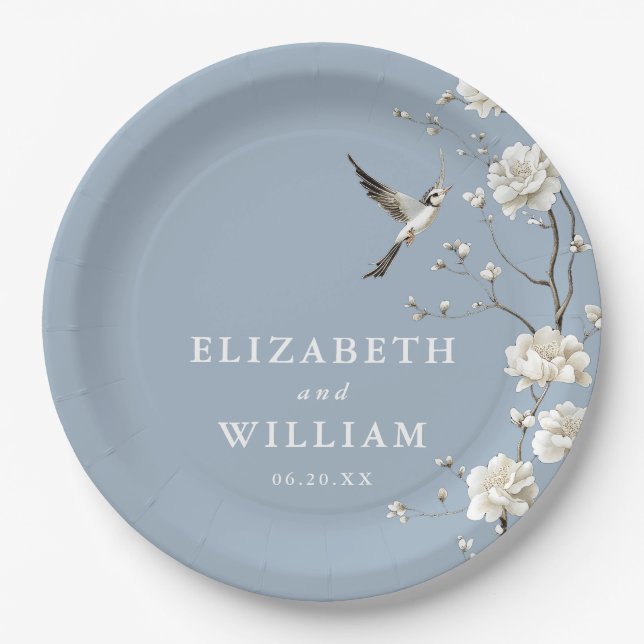 Dusty Blue Chinoiserie Floral Garden Wedding Paper Plates (Front)