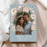 Dusty Blue Chinoiserie Floral Photo Save the Date Invitation<br><div class="desc">This chinoiserie-inspired design features elegant botanical florals and greenery in dusty blue and blush pink. Personalize the invite with your details and if you want to further re-arrange the style and placement of the text,  please press the "Click to customize further" button.</div>