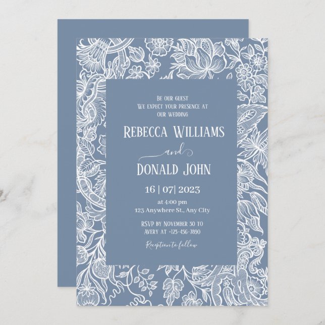 Dusty Blue Chinoiserie Floral wedding  Invitation (Front/Back)