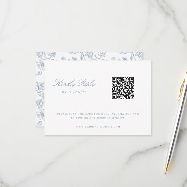 Dusty Blue Chinoiserie Floral Wedding QR Code RSVP Card (Front/Back In Situ)