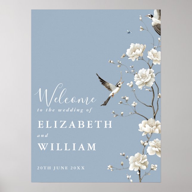 Dusty Blue Chinoiserie Floral Wedding Welcome Sign (Front)