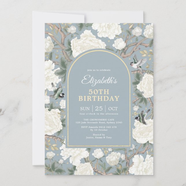 Dusty Blue Chinoiserie Floral Women 50th Birthday Invitation (Front)