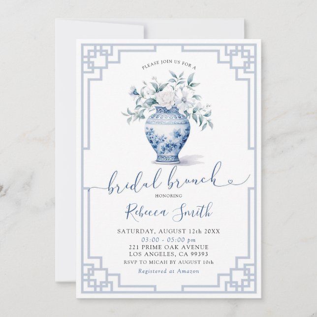 Dusty Blue Chinoiserie Ginger Jar Bridal Brunch Invitation (Front)