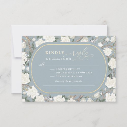 Dusty Blue Chinoiserie Ivory Flowers Wedding RSVP Card