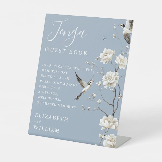 Dusty Blue Chinoiserie Jenga Guest Book Wedding Pedestal Sign (Front)