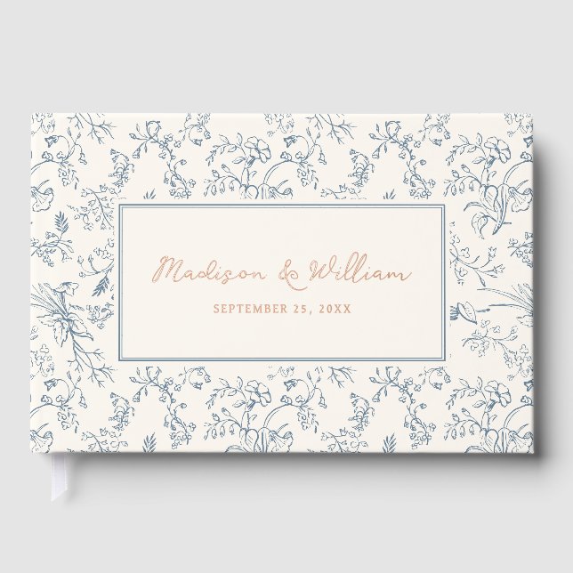 Dusty Blue Chinoiserie Pattern Wedding Foil Guest Book (Front)