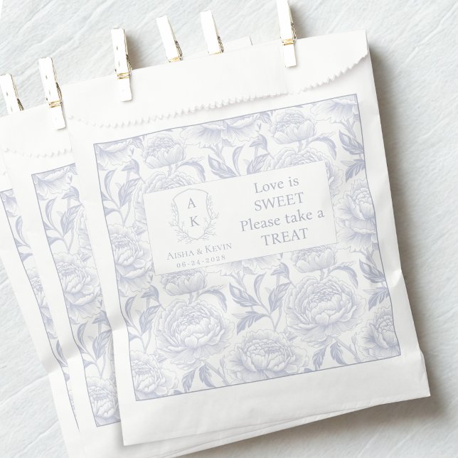 Dusty Blue Chinoiserie Peonies Love is Sweet Favor Bag (Creator Uploaded)