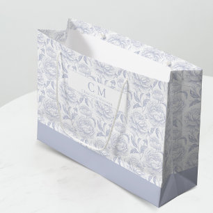 Dusty Blue Chinoiserie Peonies Monogram Large Gift Bag