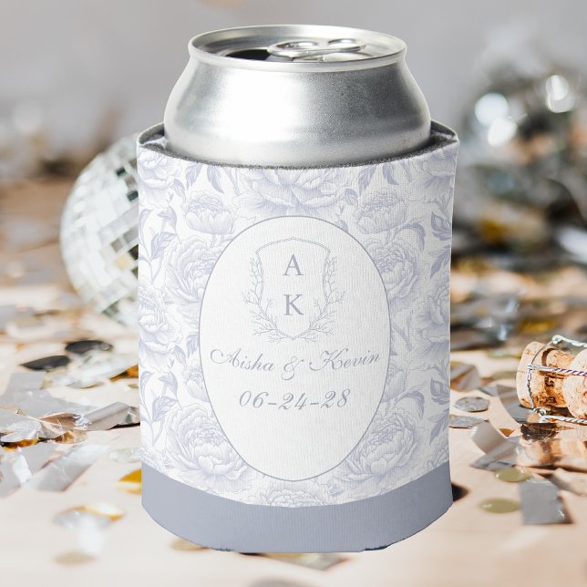 Dusty Blue Chinoiserie Peonies Monogram Wedding Can Cooler (Creator Uploaded)