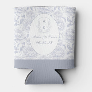 Dusty Blue Chinoiserie Peonies Monogram Wedding Can Cooler