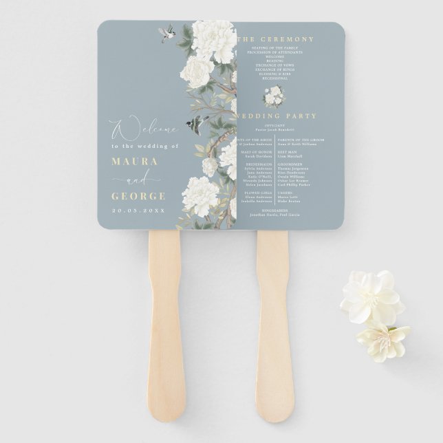 Dusty Blue Chinoiserie Peony Birds Wedding Program Hand Fan (Front and Back)