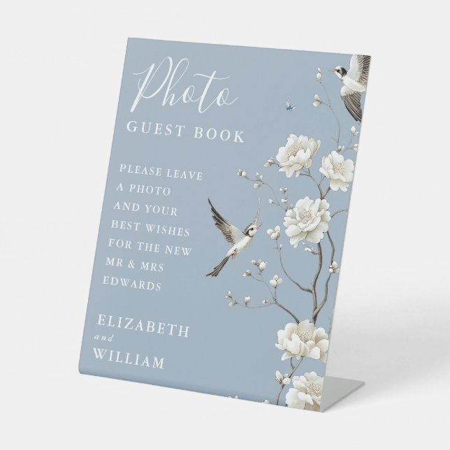 Dusty Blue Chinoiserie Photo Guest Book Wedding Pedestal Sign (Front)