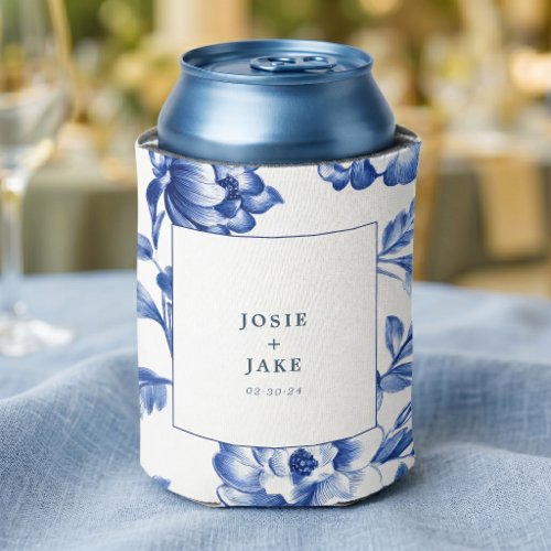 Dusty Blue Chinoiserie Square Wedding Can Cooler