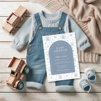 Dusty Blue Chinoiserie Teddy Bear and Bows Baby Invitation