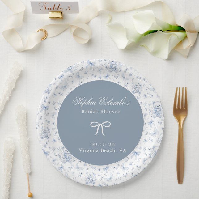 Dusty Blue Chinoiserie Teddy Bear Bows Baby Shower Paper Plates (Wedding)