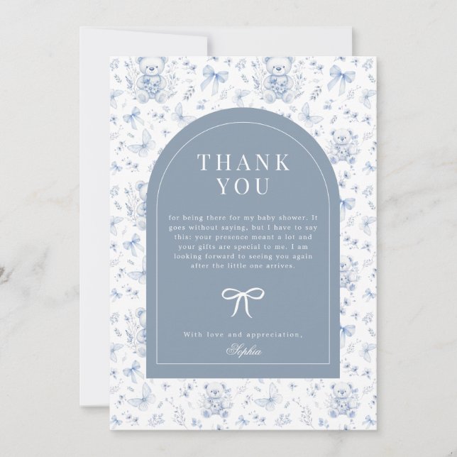 Dusty Blue Chinoiserie Teddy Bear Thank You  Invitation (Front)