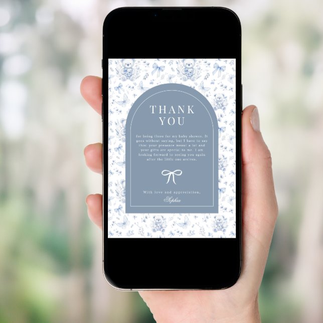 Dusty Blue Chinoiserie Teddy Bear Thank You  Invitation (Front Digital)