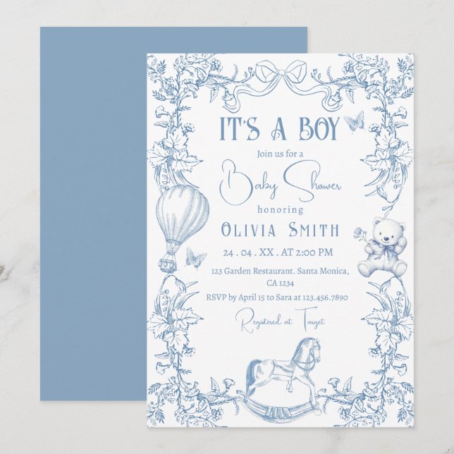 Dusty Blue Chinoiserie Toile Vintage Baby Shower Invitation (Front/Back)