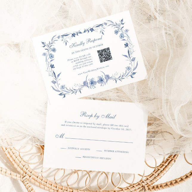 Dusty Blue Chinoiserie | Traditional and QR Code RSVP Card (Creator Uploaded)