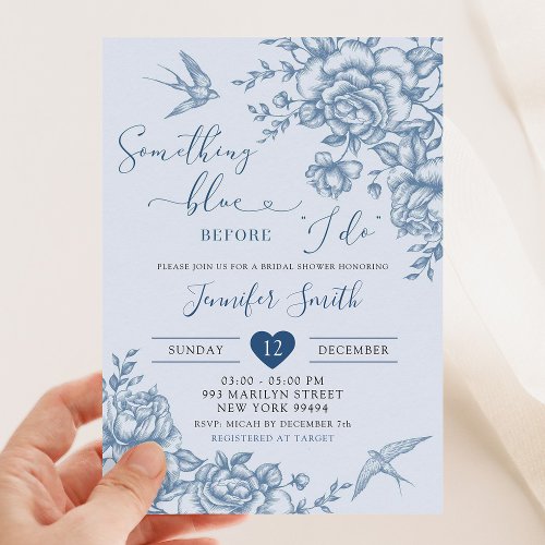 Dusty Blue Chinoiserie Vintage Floral Bridal Invitation