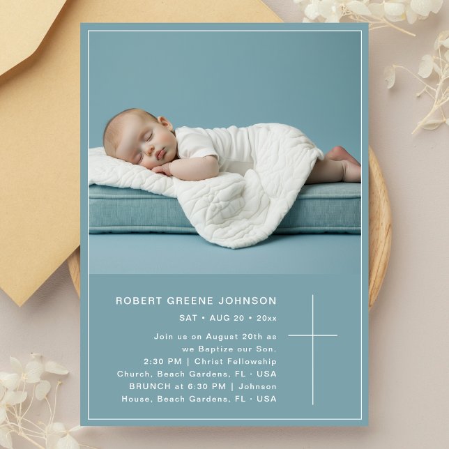 Dusty Blue Christening Photo Baby Boy Baptism Invitation (Creator Uploaded)