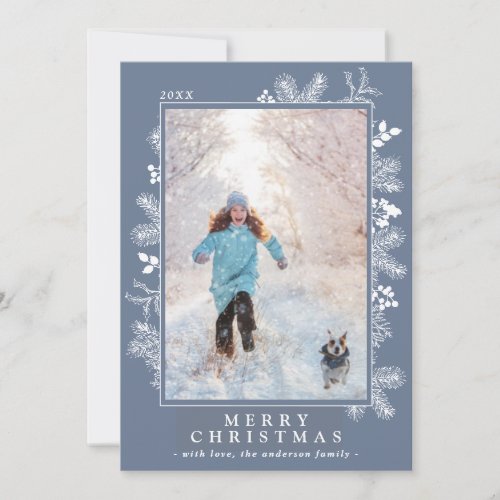 Dusty Blue  Christmas Botanical Portrait Photo Holiday Card