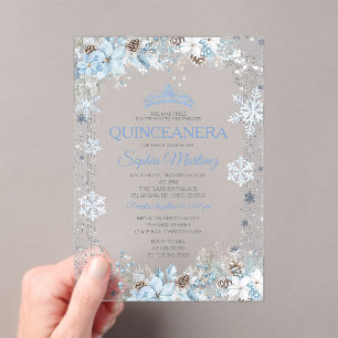 Dusty Blue Christmas Floral Snowflake Quinceañera Acrylic Invitations
