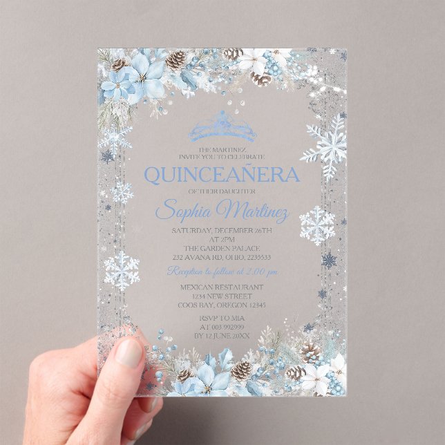Dusty Blue Christmas Floral Snowflake Quinceañera Acrylic Invitations (Insitu (Handheld))